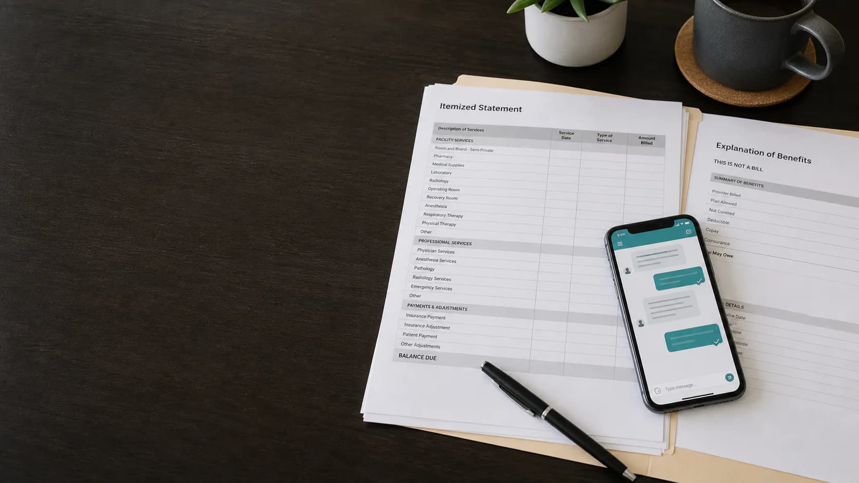 An itemized healthcare bill beside an open BKVHealth case conversation