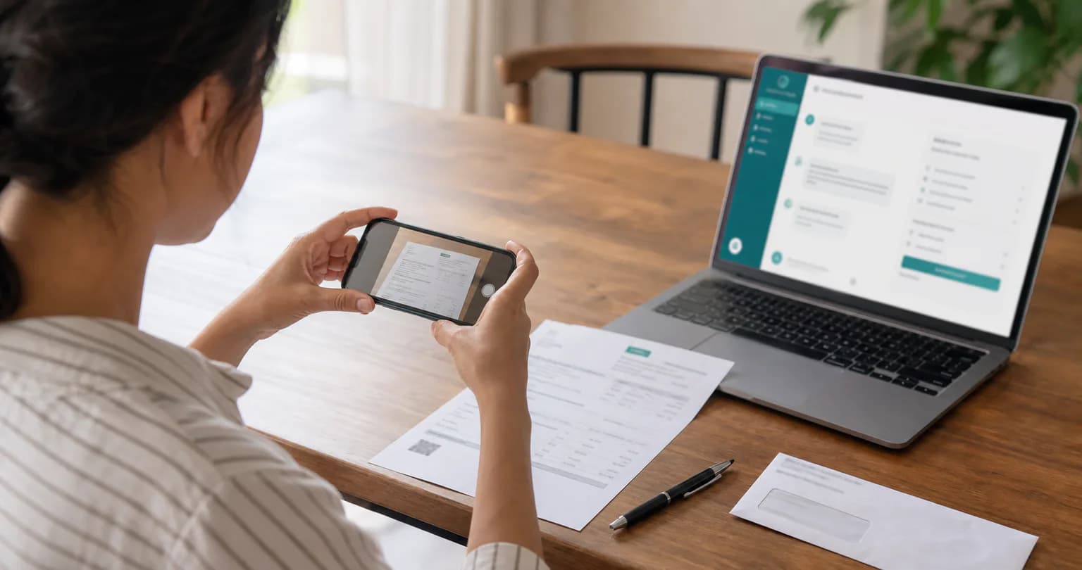 A person taking a clear phone photo of a healthcare bill beside an open bill-support workspace